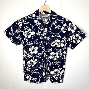 Vintage Hilo Hattie Hawaiian Camp Shirt Womens M Blue Floral Tropical Beach USA